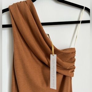 House of Harlow 1960 Brown One Shoulder Midi Bodycon Ribbed Dress